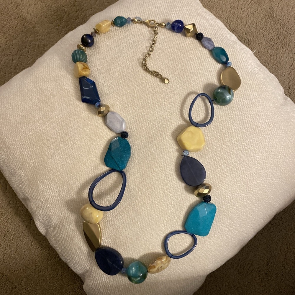 CHICO'S LONG RESIN JADE AVENTURINE MULTI-COLORED BEADED GOLDTONE NECKLACE